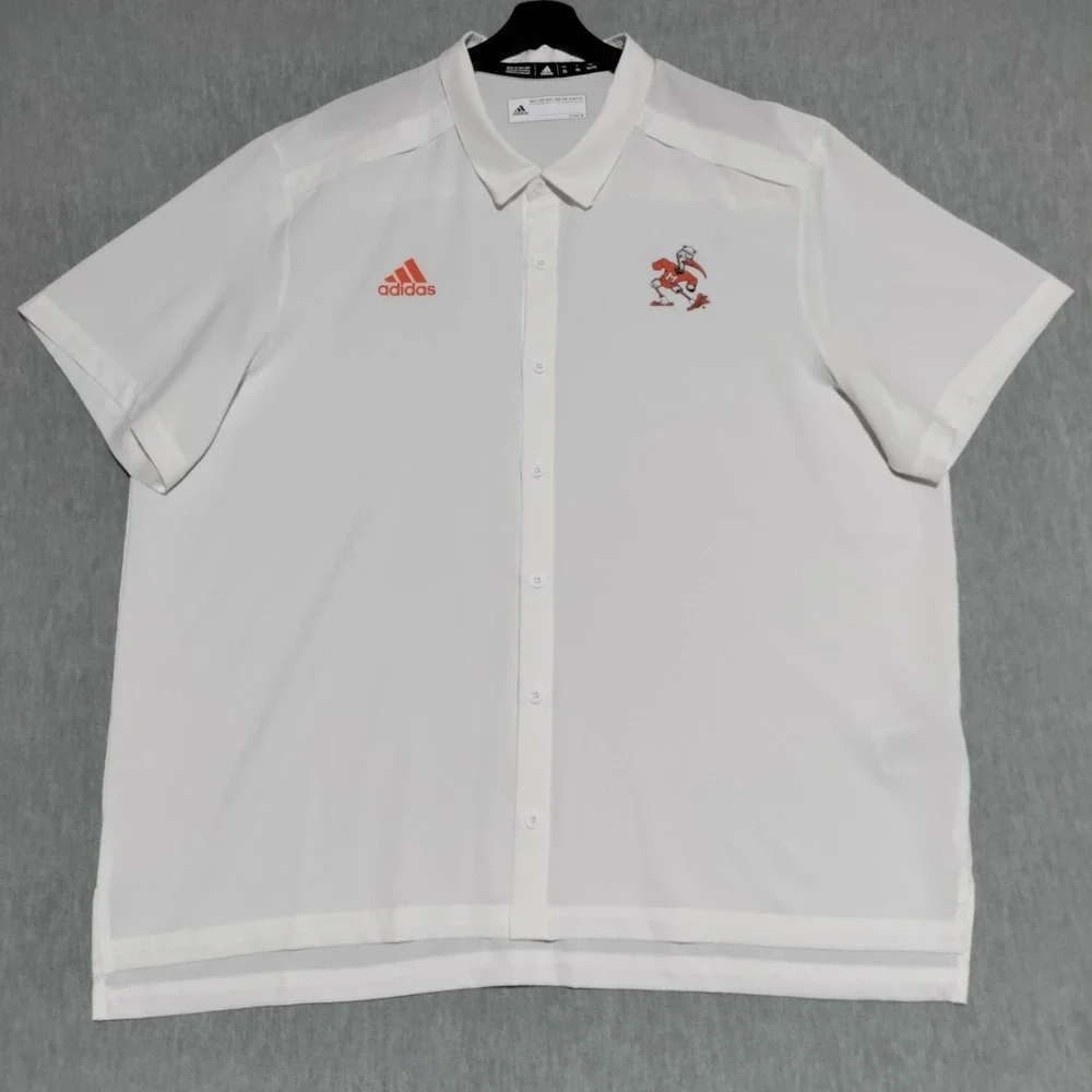 Adidas Miami Hurricanes Logo Button Up Shirt‎ Mens 2XL White Short Sleeve NCAA